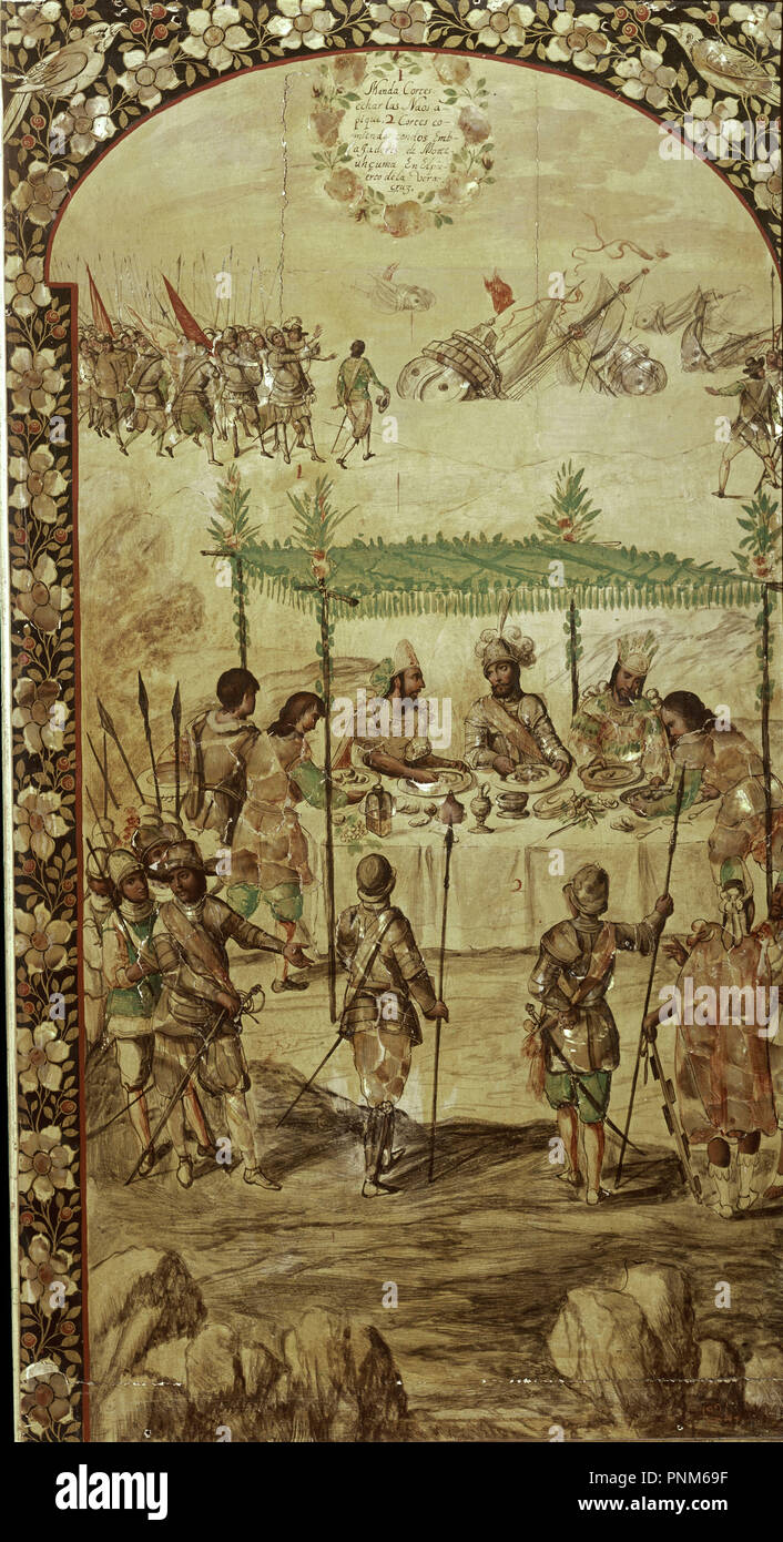 La conquista del Messico: Hernando Cortes (1485-1547) Ordini la distruzione delle navi e si incontra con gli ambasciatori di Montezuma (1466-1520) nel 1520 - 1698 - olio su pannello. Autore: GONZALEZ MIGUEL / GONZALEZ JUAN. Posizione: MUSEO DE AMERICA-COLECCION. MADRID. Spagna. Foto Stock