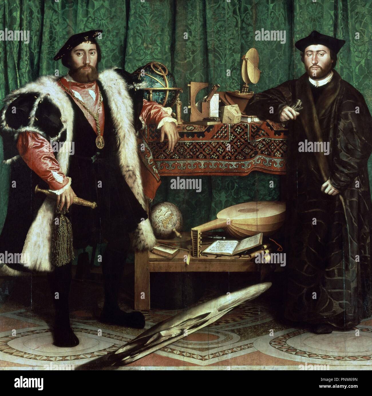 In Germania la scuola. Gli ambasciatori (con anamorphosis nella parte inferiore della pittura). 1533. Olio su oak (209 x 207 cm). Londra, National Gallery. Autore: Holbein il Giovane, Hans. Posizione: Galleria Nazionale. Londra. In Inghilterra. Foto Stock