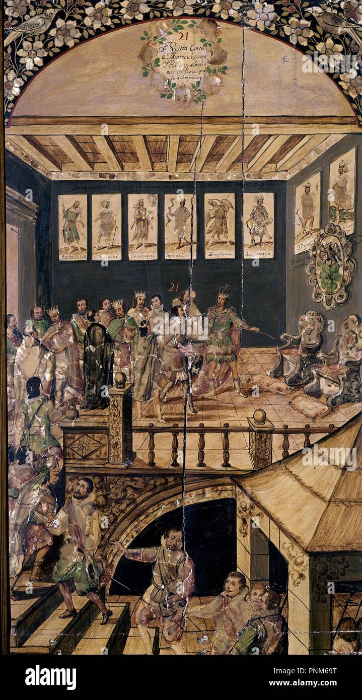 La conquista del Messico: la visita di Hernàn Cortès a Montezuma nel 1520 - 1698 - olio su pannello. Autore: GONZALEZ MIGUEL / GONZALEZ JUAN. Posizione: MUSEO DE AMERICA-COLECCION. MADRID. Spagna. Foto Stock