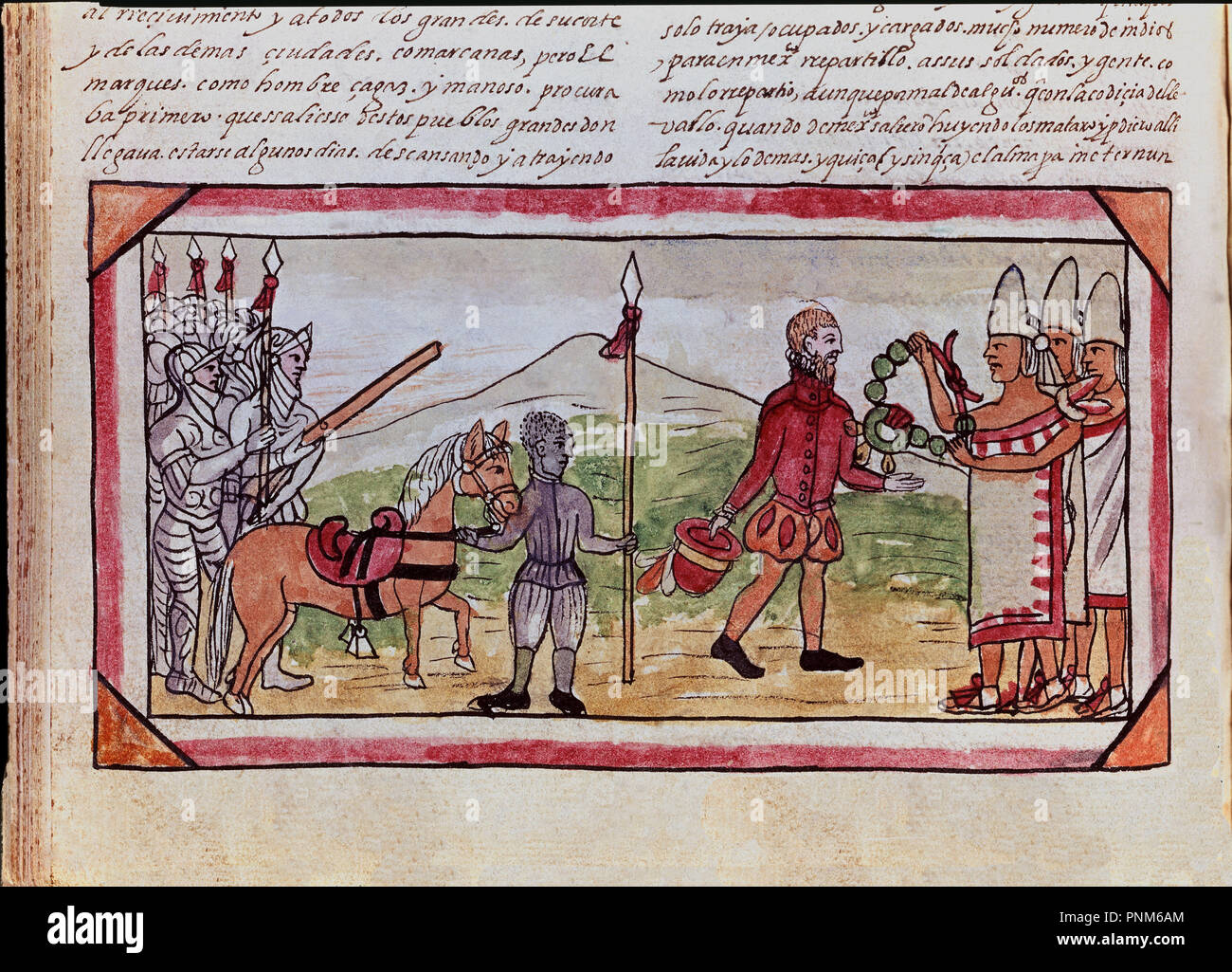 Aubin codex: Hernan Cortes incontra un Indien chief sul suo modo di Tlaxcala. 1565. Madrid, Biblioteca Nazionale. Autore: Duran, Diego. Posizione: Biblioteca Nacional-COLECCION. MADRID. Spagna. Foto Stock