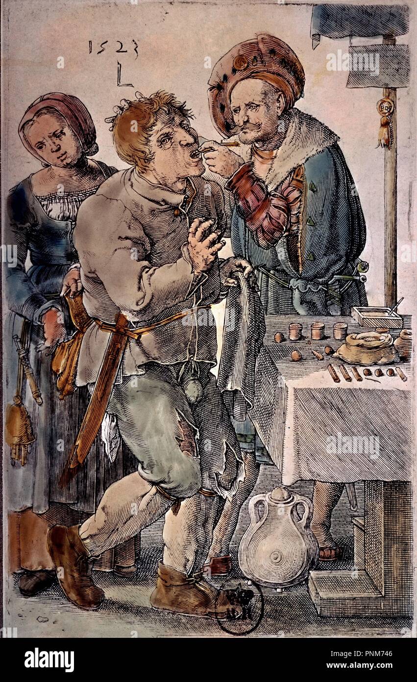 Incisione-il dentista-1523. Autore: LEIDA, LUCAS VAN. Posizione: Biblioteca Nazionale. La Francia. Foto Stock