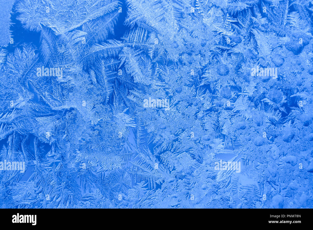 Il pupazzo di neve ghiacciata di blu modello sulla finestra di inverno come sfondo. Foto Stock