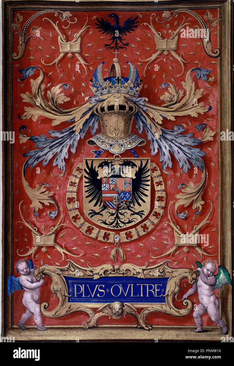 LIBRO DEL TOISON - EMBLEMA DE CARLOS I - MANUSCRITO SIGLO XVI. Autore: BENING, Simon. Posizione: INSTITUTO Valencia De Don Juan-COLECCION. MADRID. Spagna. Foto Stock