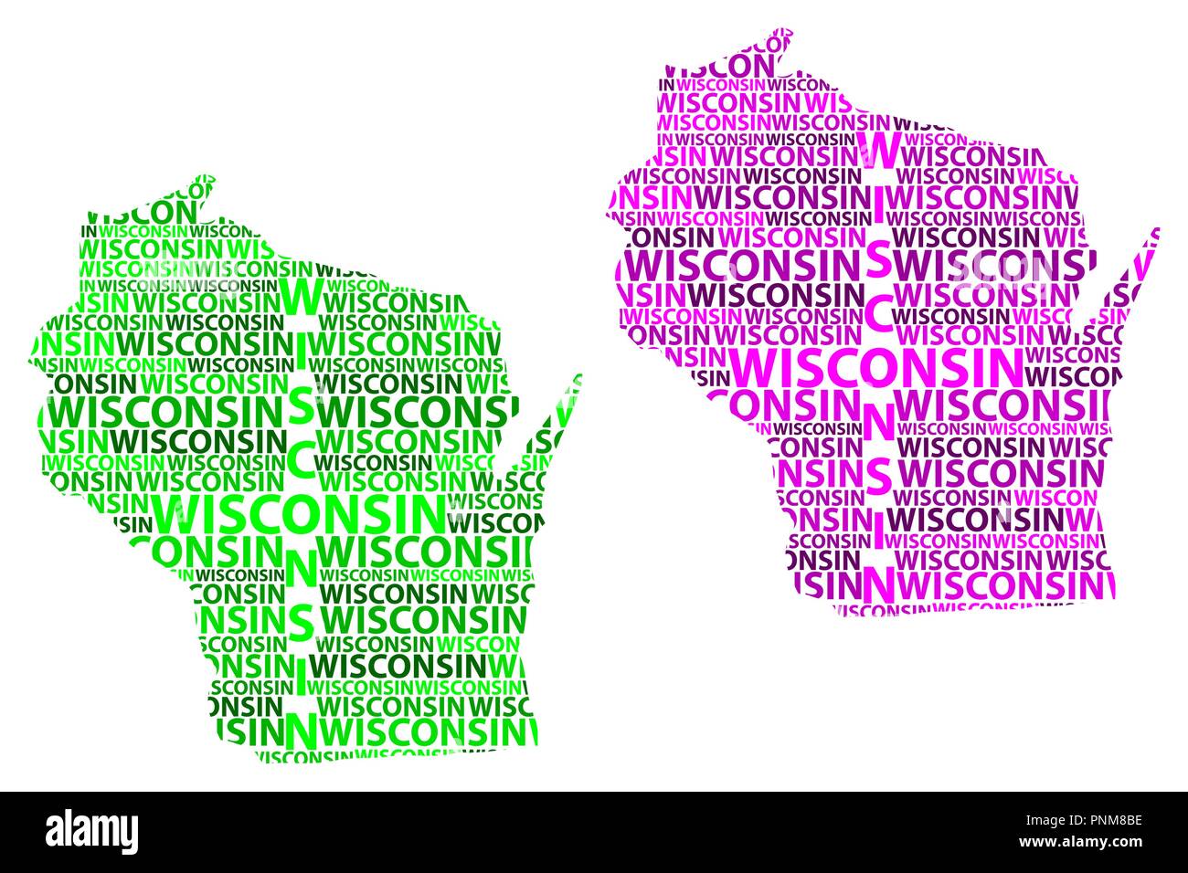 Schizzo Wisconsin (Stati Uniti d'America) testo lettera mappa, Wisconsin mappa - nella forma del continente, Mappa Stato del Wisconsin - verde e viola Illustrazione Vettoriale