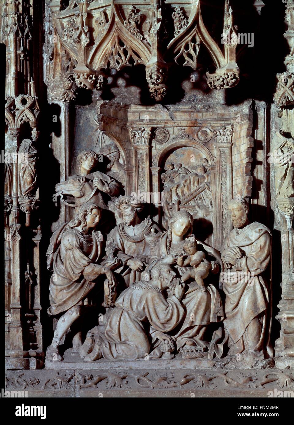 DETALLE DEL RETABLO DE ALABASTRO PROCEDENTE DE MONTEARAGON - Epifania - SIGLO XVI. Autore: FORMENT DAMIAN. Posizione: Catedral. HUESCA. Spagna. Foto Stock