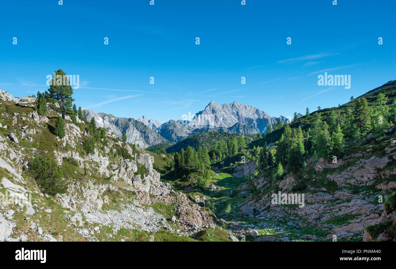 Vista sul Watzmann, sentiero escursionistico a Wasseralm oltre Niederbrunnsulzen, Steinernes Meer, Parco Nazionale di Berchtesgaden, Bavaria Foto Stock