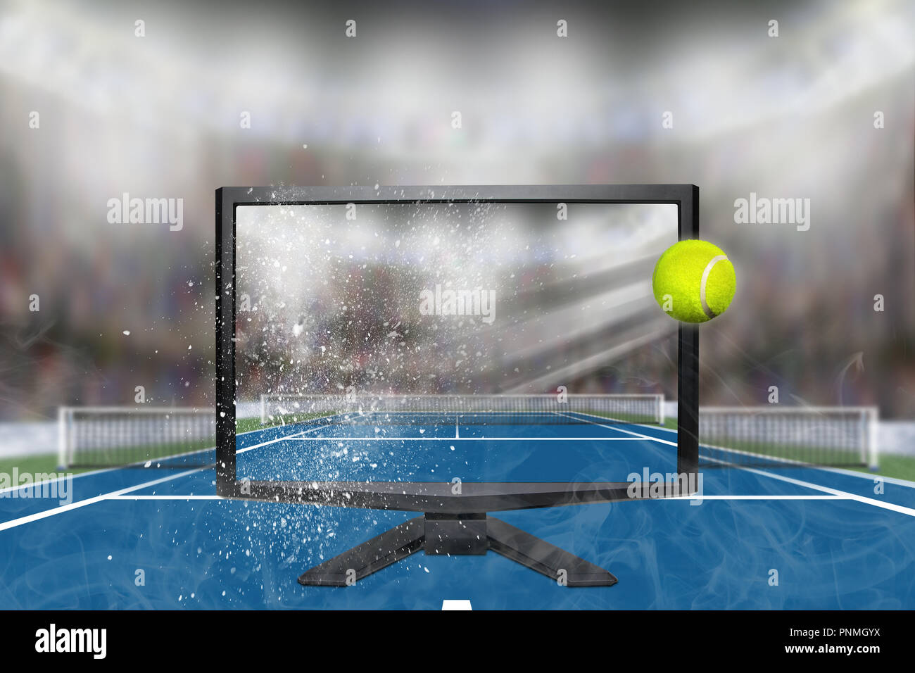 Palla da tennis battenti fuori della frantumazione schermo TV in arena con copia spazio. Concetto di realistiche in 3D o 4D TV, realtà virtuale VR o giochi per computer. Foto Stock
