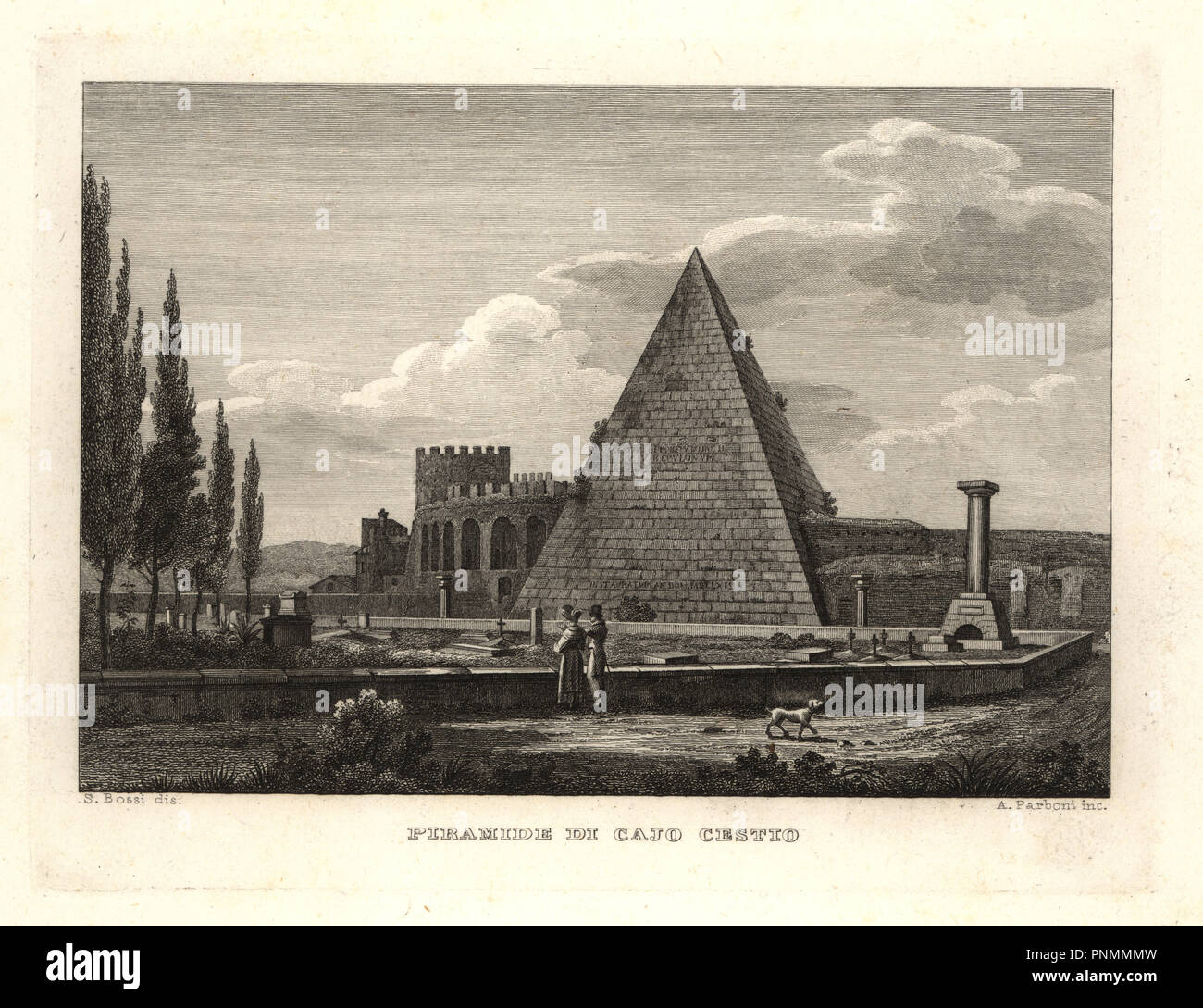 Vista della Piramide Cestia, Roma, costruita per Gaio Cestio. Incisione su rame di A. Parboni dopo una illustrazione da Sylvestro Bossi da Achille Parboni la nuova raccolta delle principali vedute antiche e moderne della città di Roma, 1830. Foto Stock