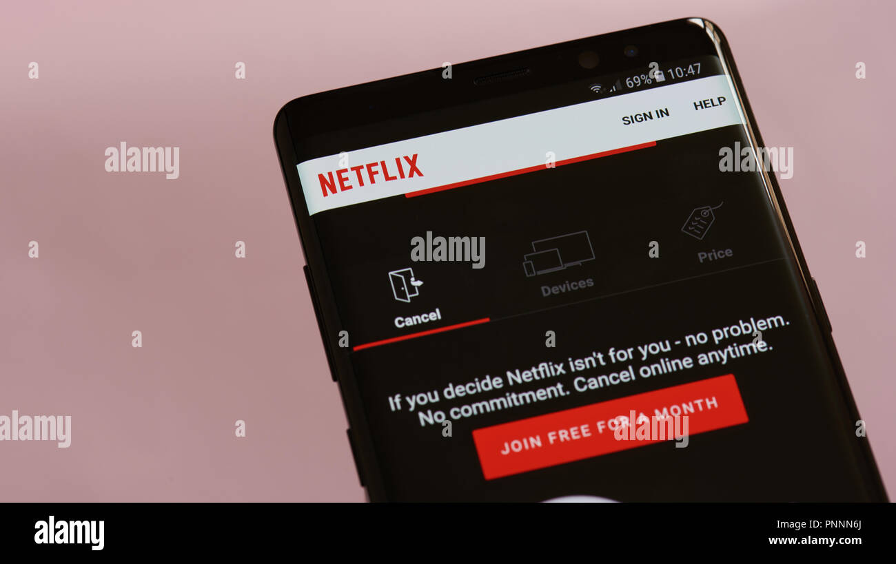 New york, Stati Uniti d'America - 21 settembre 2018: Netflix servizio filmato sullo smartphone lo sfondo della schermata Vista ravvicinata Foto Stock