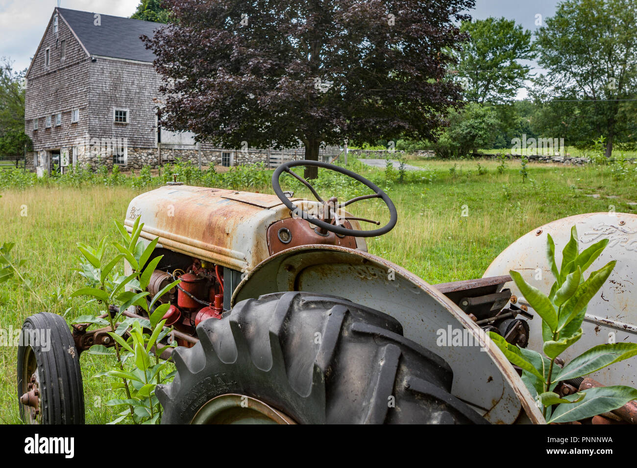 Un vecchio trattore Ford in una fattoria Foto Stock