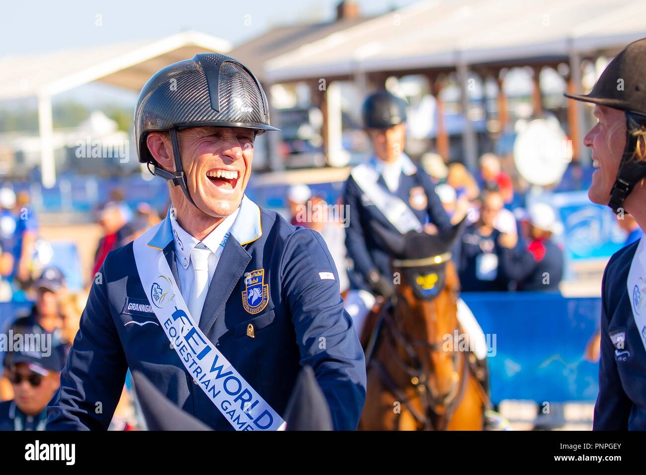 North Carolina, USA. Xxi Sett 2018. Team argento. Peder Fredricson e Fredrik Jonsson. SWE. FEI World Team & singoli Campionati di salto. Showjumping. Secondo Concorso. Round 2. Giorno 10. Giochi equestri mondiali. WEG 2018 Tryon. Carolina del Nord. Stati Uniti d'America. 21/09/2018. Credito: Sport In immagini/Alamy Live News Foto Stock