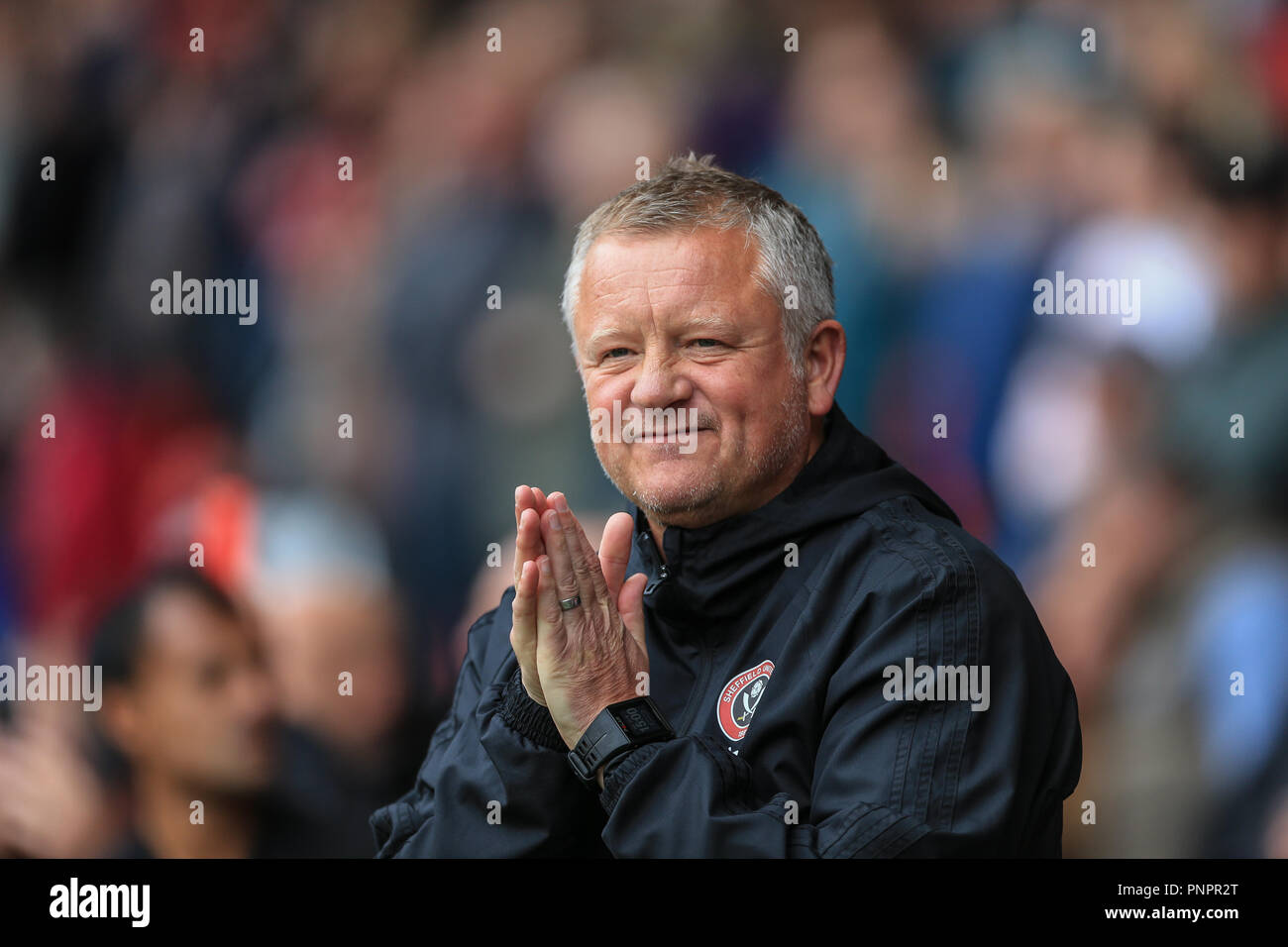 Il 22 settembre 2018, Bramall Lane, Sheffield, Inghilterra; Sky Campionato Bet Sheffield Regno v Preston North End ; Chris Wilder manager di Sheffield Regno Credito: Mark Cosgrove/News immagini solo uso editoriale nessun uso non autorizzato di audio, video, dati, calendari, club/campionato loghi o 'live' servizi. Online in corrispondenza uso limitato a 45 immagini, nessun video emulazione. Nessun uso in scommesse, giochi o un singolo giocatore/club/league pubblicazioni e tutti English Football League immagini sono soggette a licenza DataCo Foto Stock