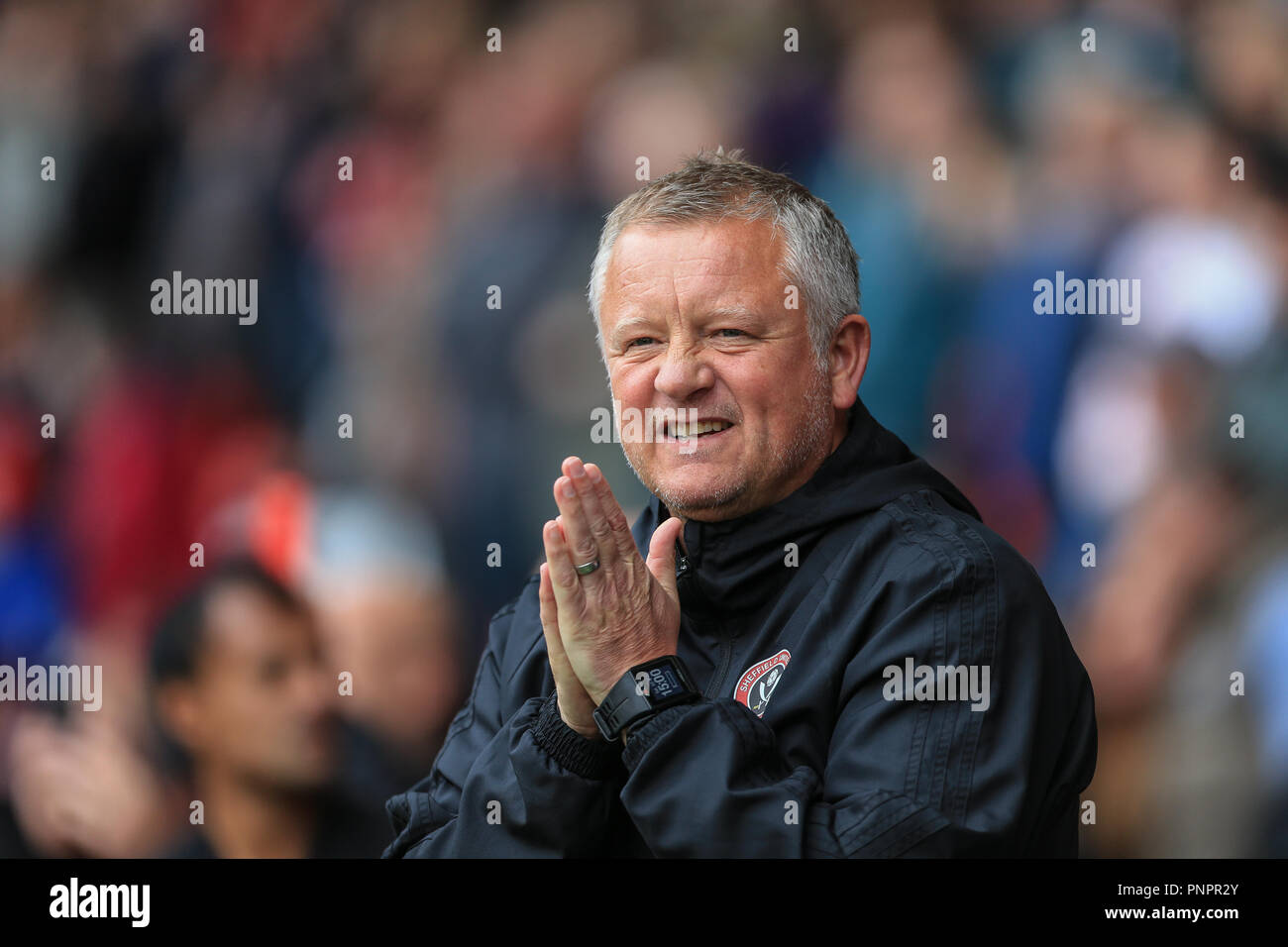 Il 22 settembre 2018, Bramall Lane, Sheffield, Inghilterra; Sky Campionato Bet Sheffield Regno v Preston North End ; Chris Wilder manager di Sheffield Regno Credito: Mark Cosgrove/News immagini solo uso editoriale nessun uso non autorizzato di audio, video, dati, calendari, club/campionato loghi o 'live' servizi. Online in corrispondenza uso limitato a 45 immagini, nessun video emulazione. Nessun uso in scommesse, giochi o un singolo giocatore/club/league pubblicazioni e tutti English Football League immagini sono soggette a licenza DataCo Foto Stock