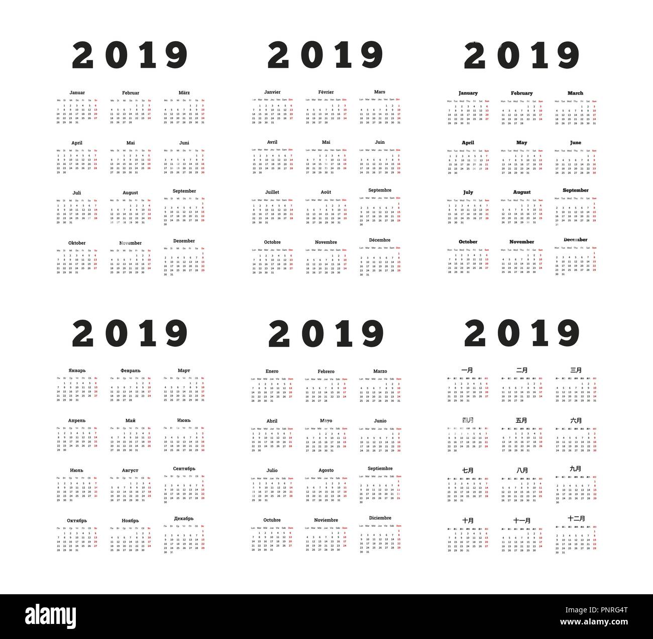 Set di 2019 anno semplice calendari verticale su diverse lingue come inglese, russo, tedesco, francese, spagnolo e cinese su bianco Illustrazione Vettoriale