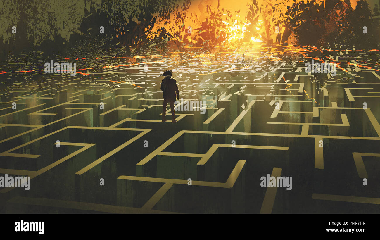 Distrutto maze concetto che mostra l'uomo in piedi in un labirinto di bruciato terra, arte digitale stile, illustrazione pittura Foto Stock