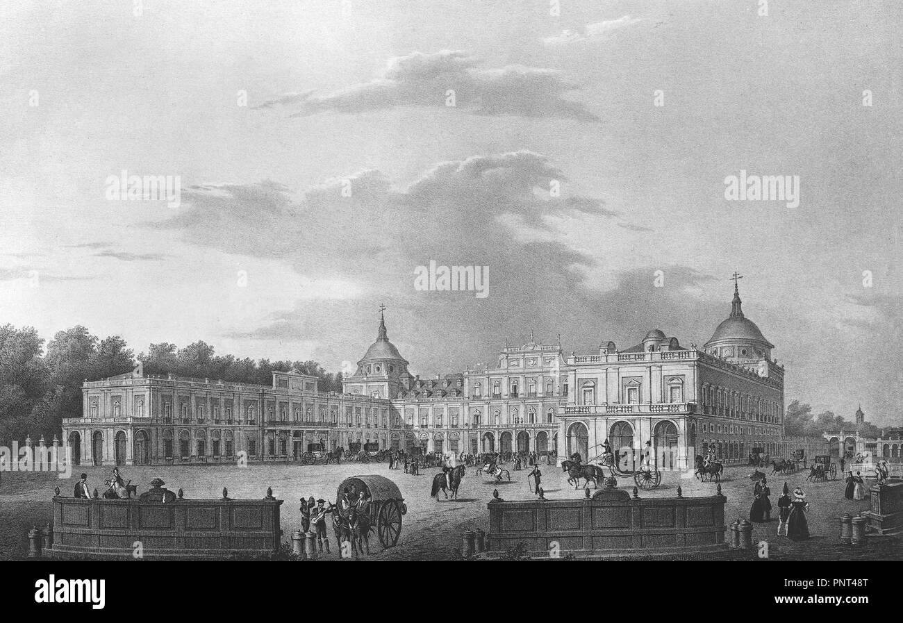 VISTA DE LA FACHADA PRINCIPALI DEL REAL PALACIO DE ARANJUEZ - GRABADO SIGLO XIX. Autore: BRAMBILA, Fernando. Posizione: Museo Romantico-GRABADO. MADRID. Spagna. Foto Stock