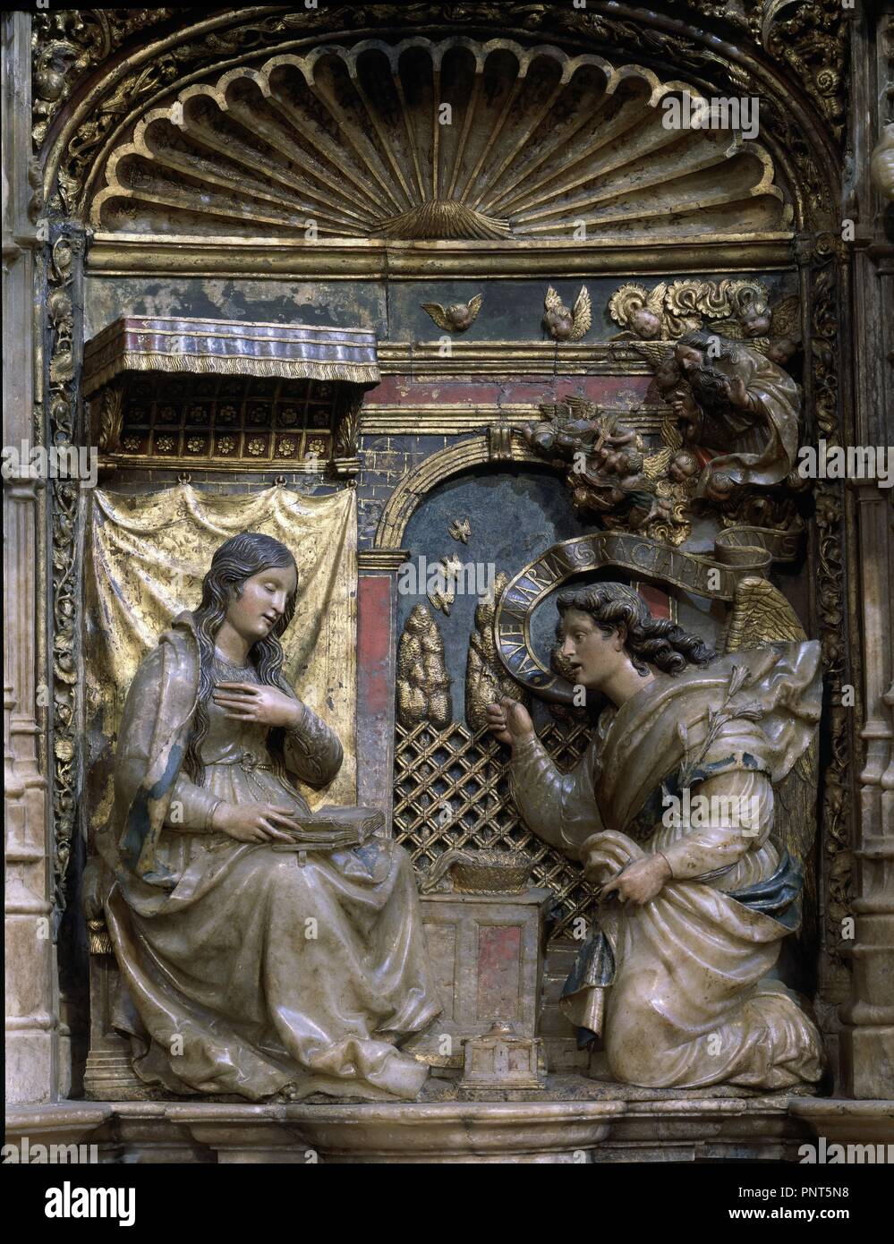 Interno-RETABLO MAYOR-1509-PREDELA:ANUNCIACION-RENACENTISTA. Autore: FORMENT DAMIAN. Posizione: BASILICA DEL PILAR. Saragozza. Saragozza Zaragoza. Spagna. Foto Stock