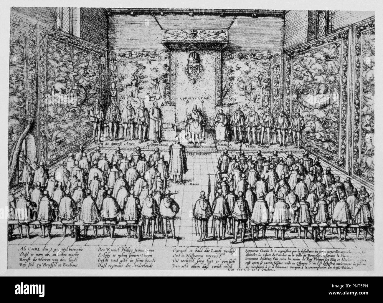 CARLOS V ABDICA DE LOS PAISES BAJOS el 25 de octubre de 1555 EN EL PALACIO REAL DE BRUSELAS - GRABADO SIGLO XVI. Autore: HOGENBERG, FRANS. Posizione: Biblioteca Nacional-COLECCION. MADRID. Spagna. Foto Stock