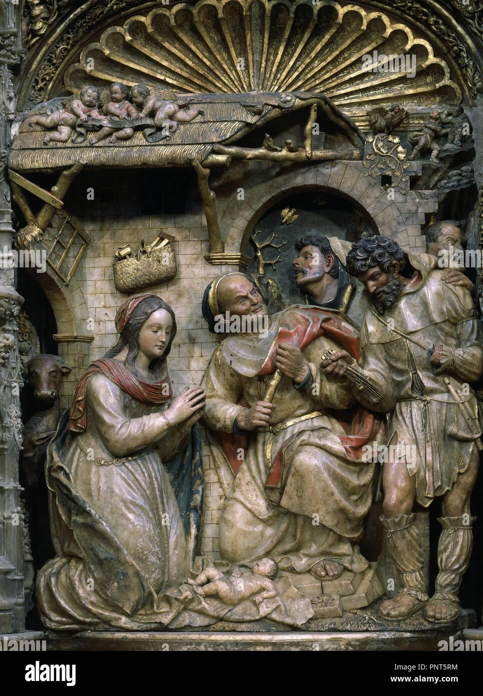 Interno-RETABLO MAYOR-1509-PREDELA:ADORACION DE LOS PASTORES. Autore: FORMENT DAMIAN. Posizione: BASILICA DEL PILAR. Saragozza. Saragozza Zaragoza. Spagna. Foto Stock