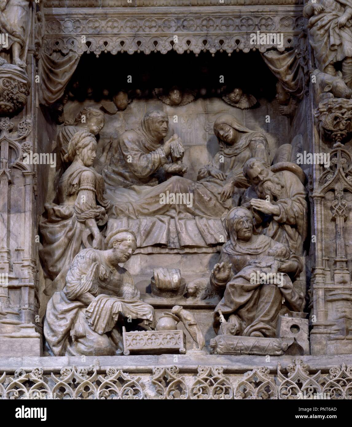 Interno-RETABLO MAYOR-1509-DET nacimiento de la Virgen. Autore: FORMENT DAMIAN. Posizione: BASILICA DEL PILAR. Saragozza. Saragozza Zaragoza. Spagna. Foto Stock