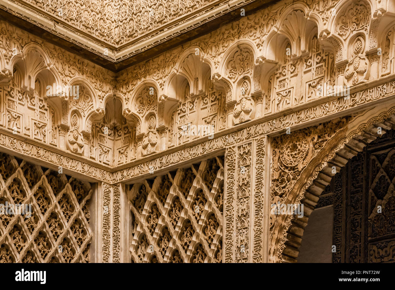 Close up di architettura di Reales Alcazares, Siviglia, Spagna. Foto Stock