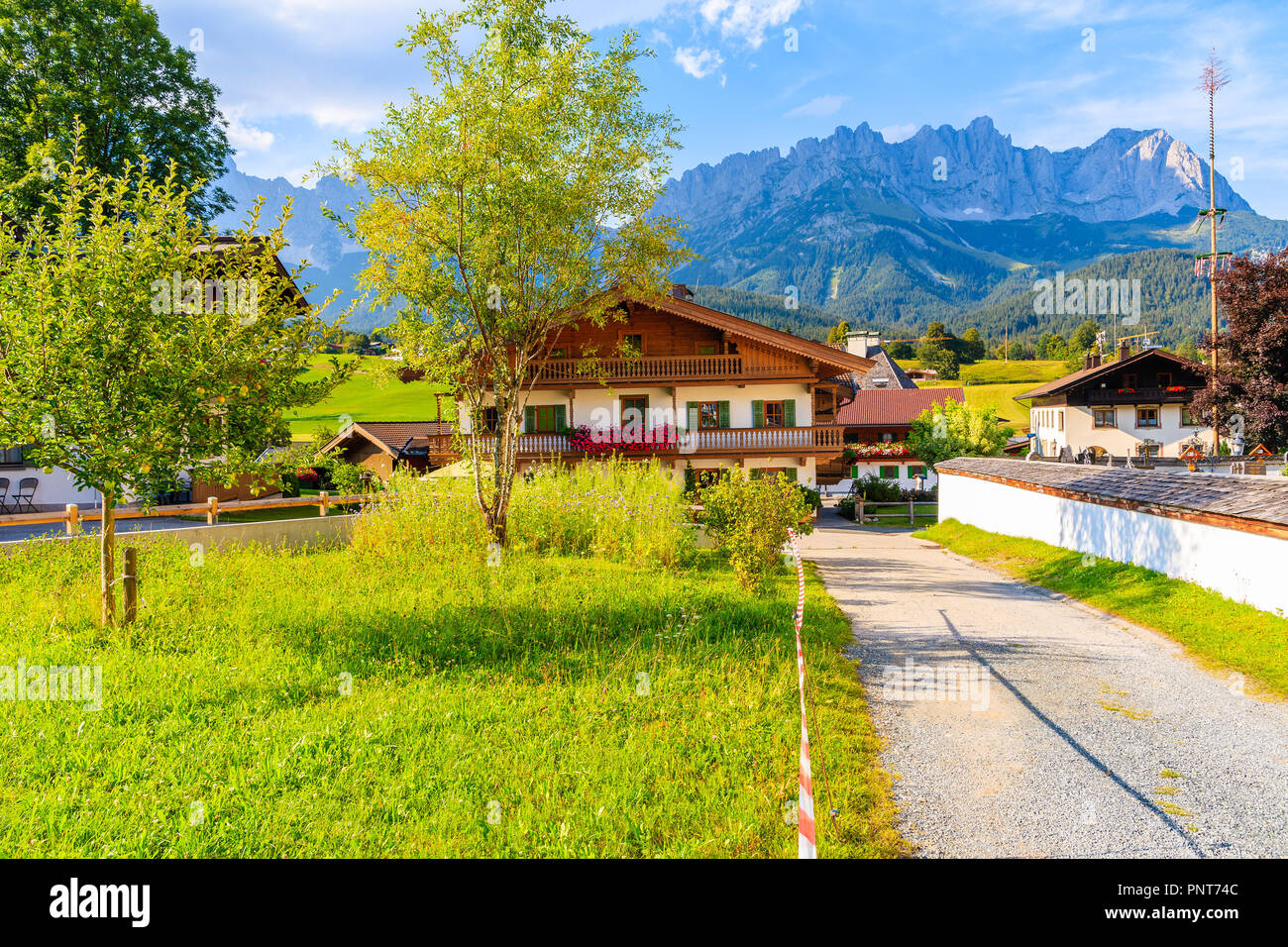 In legno tipico casa alpina contro Alpi montagne sullo sfondo verde prato a Going am Wilden Kaiser villaggio sulla soleggiata giornata estiva, Tirolo, Austria Foto Stock