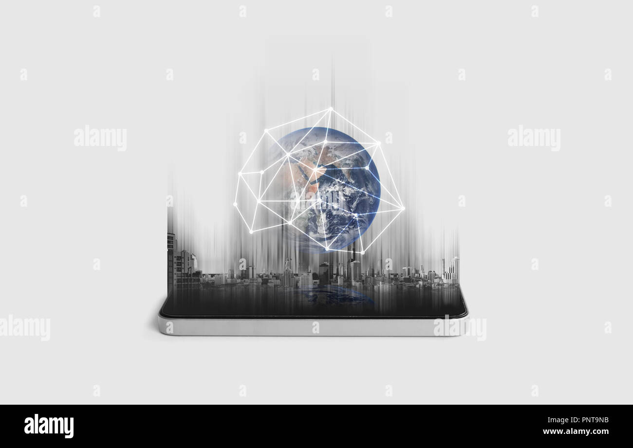 Rete di telefonia mobile, la comunicazione e la rete globale di tecnologia. Elemento di questa immagine sono arredate dalla NASA Foto Stock