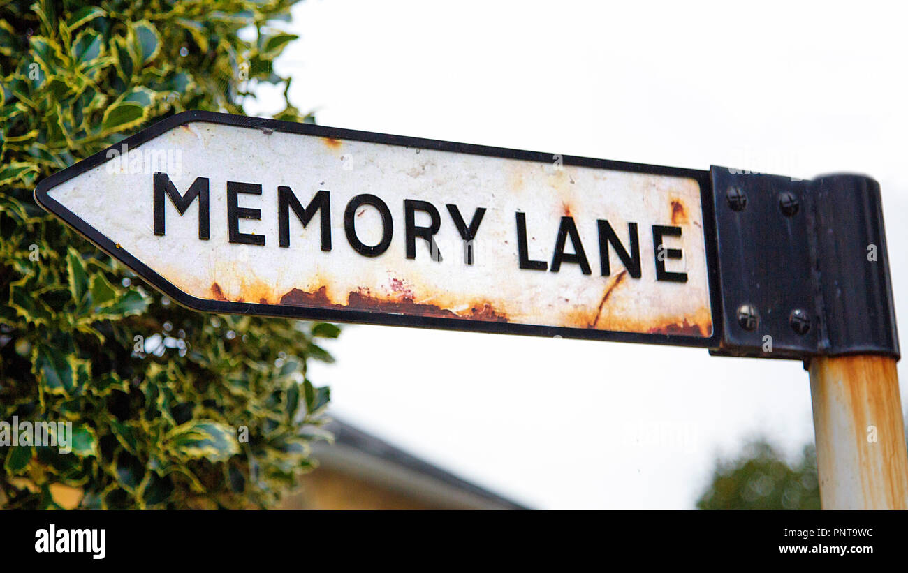 Segno posto a Memory Lane - Immagine concettuale di demenza progressiva. Foto Stock