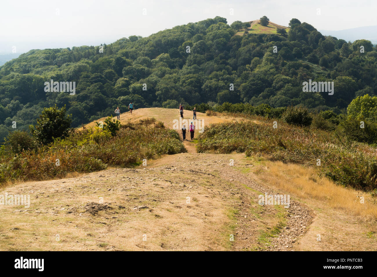Estate passeggiate nelle colline di Malvern, Worcestershire - da Swinyard Hill per la Festa di mezza estate in collina la distanza Foto Stock