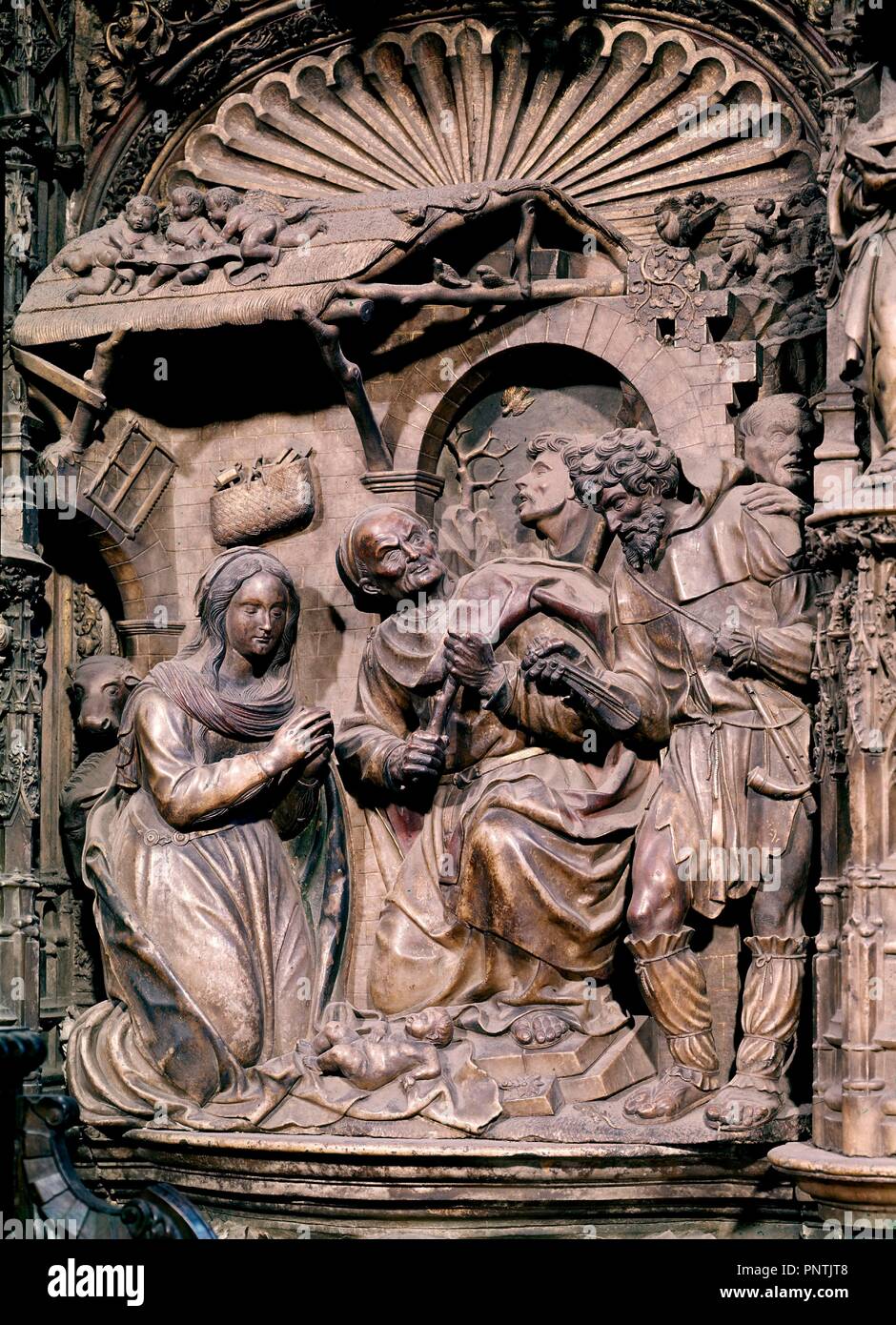 ADORACION DE LOS PASTORES - 1512-1518 - DETALLE DEL RETABLO DE LA BASILICA DEL PILAR DE ZARAGOZA - RENACIMIENTO ESPAÑOL. Autore: FORMENT DAMIAN. Posizione: BASILICA DEL PILAR. Saragozza. Saragozza Zaragoza. Spagna. Foto Stock