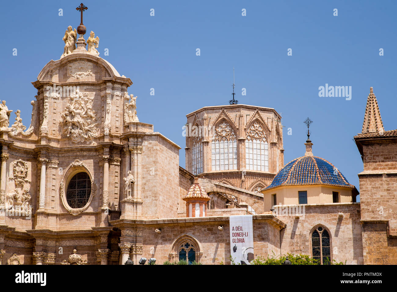 Cattedrale Metropolitana di Valencia visto da Placa de la Reina, Comunità Valenciana, Spagna Foto Stock