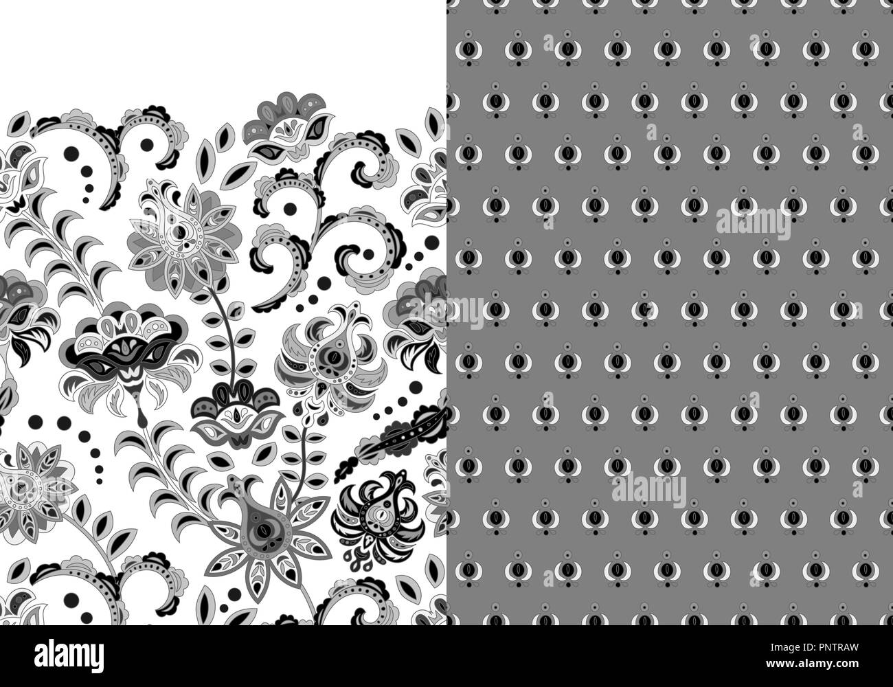 Set di due orizzontali seamless motivo floreale con paisley e fantasia fiori confine. Disegnata a mano la texture per i vestiti, biancheria, tessuto del vestito ecc. In bianco e nero Illustrazione Vettoriale