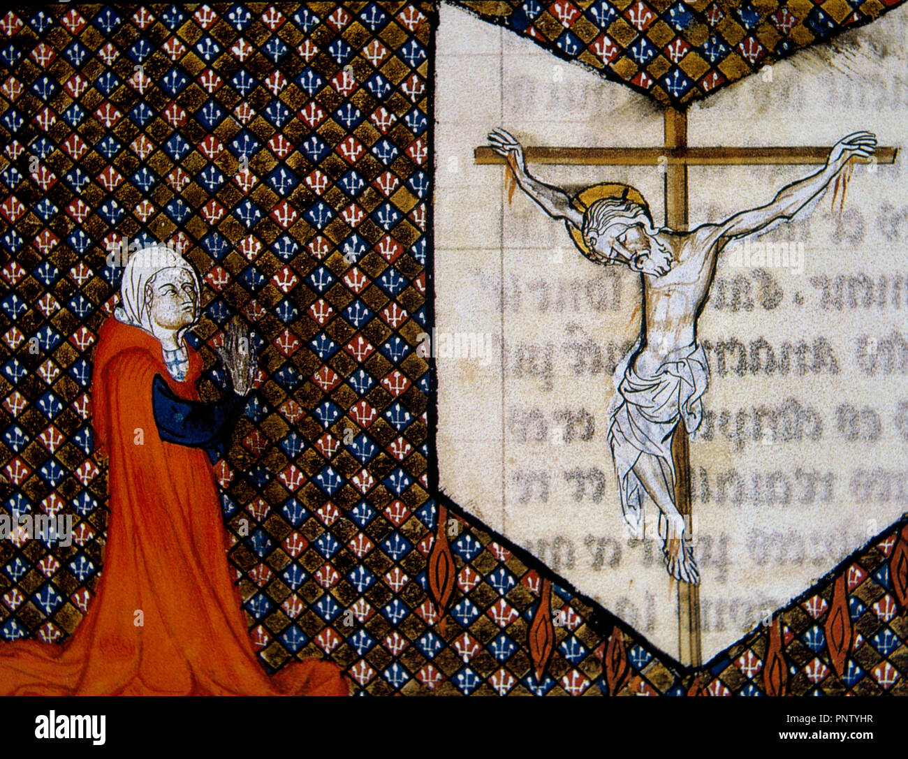 Miniatura raffigurante una donna pregando inginocchiato davanti a Cristo. Trattato di devozione, XIV secolo. Conde Museum, il castello di Chantilly. La Francia. Foto Stock