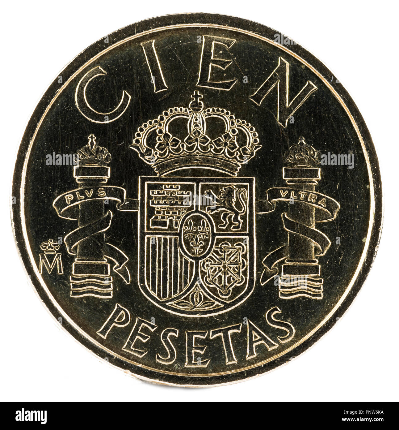 Vecchia moneta spagnola di 100 pesetas, Juan Carlos I. ANNO 1982. La retromarcia. Foto Stock