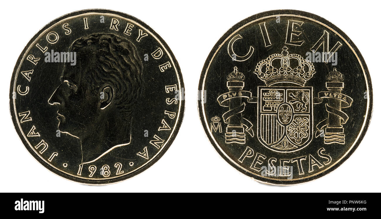 Vecchia moneta spagnola di 100 pesetas, Juan Carlos I. ANNO 1982. Foto Stock