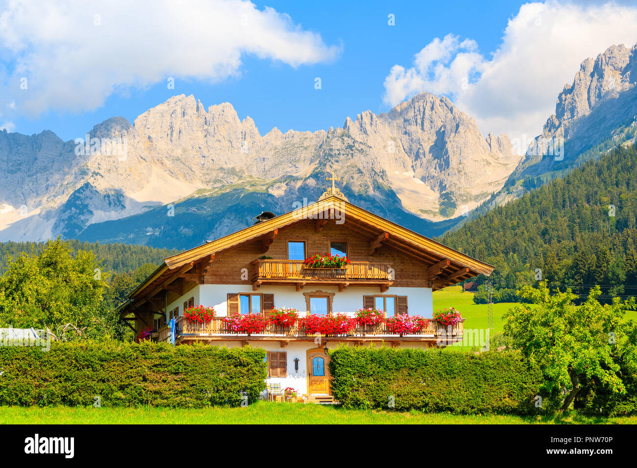 Tradizionale alpino in legno casa decorata con fiori sul prato verde a Going am Wilden Kaiser villaggio montano su soleggiate giornate estive, Tirolo, Austria Foto Stock