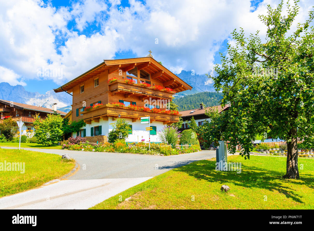 In legno tipico casa alpina decorate con fiori sul prato verde a Going am Wilden Kaiser villaggio montano su soleggiate giornate estive, Tirolo, Austria Foto Stock