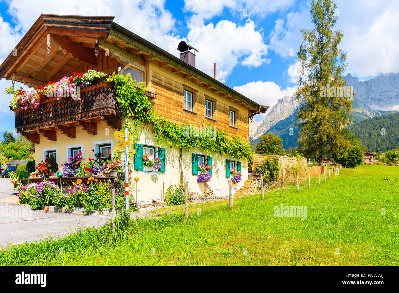 In legno tipico casa alpina decorate con fiori sul prato verde a Going am Wilden Kaiser villaggio montano su soleggiate giornate estive, Tirolo, Austria Foto Stock