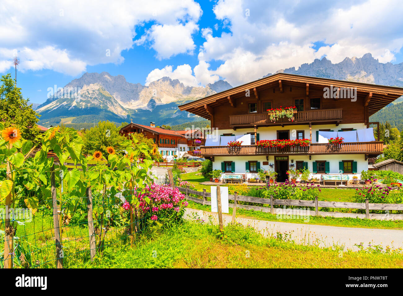 In legno tipico casa alpina decorate con fiori sul prato verde a Going am Wilden Kaiser villaggio sulla soleggiata giornata estiva, Tirolo, Austria Foto Stock