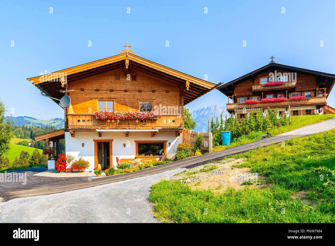 Case tradizionali sul prato verde in Gieringer Weiher zona di montagna, Kitzbuhel Alpi, Austria Foto Stock