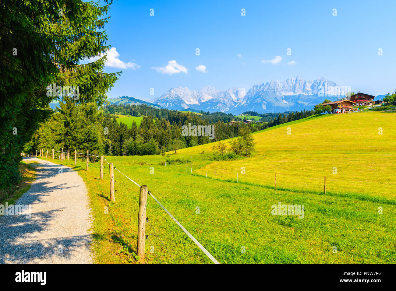 Escursioni a piedi e in bicicletta lungo il percorso verde prato in Gieringer Weiher zona di montagna, Kitzbuhel Alpi, Austria Foto Stock