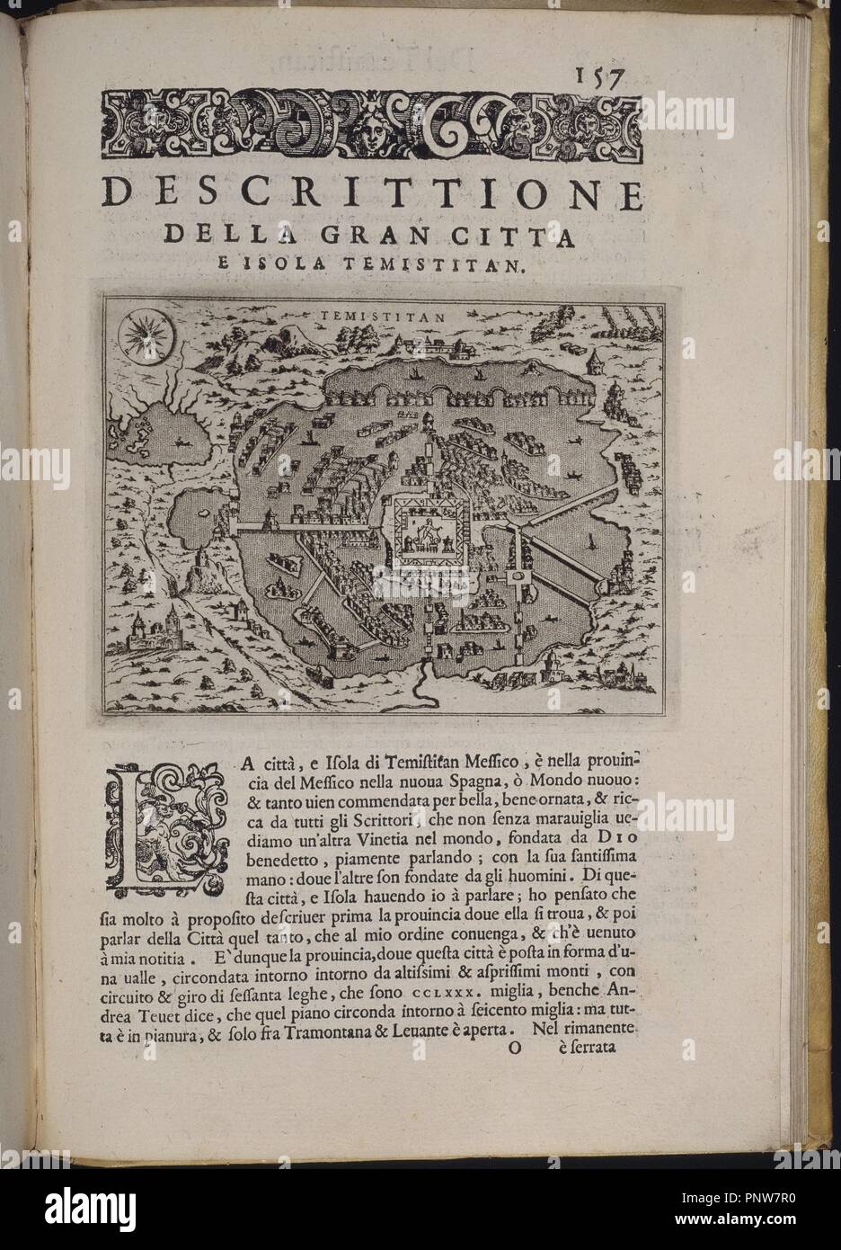 DESCRIPCION DE LA GRAN CIUDAD E ISLA DE TEMISTITAN (Messico) - PAGINA 157 - SIGLO XVI. Autore: THOMASO PORCACCHI. Posizione: Congreso de los Diputados-biblioteca. MADRID. Spagna. Foto Stock