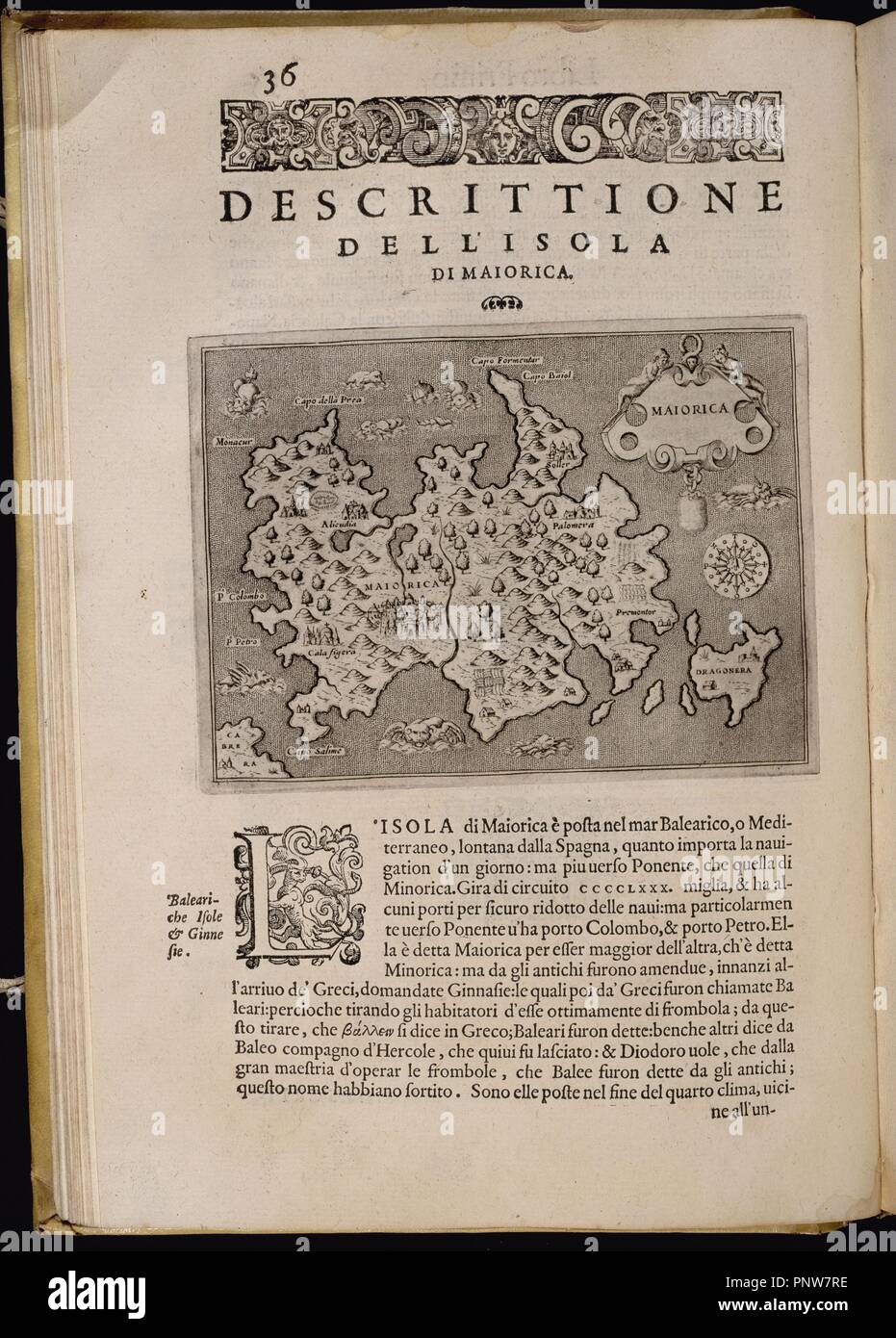 DESCRIPCION DE LA ISLA DE MALLORCA - Pagina 36 - SIGLO XVI. Autore: THOMASO PORCACCHI. Posizione: Congreso de los Diputados-biblioteca. MADRID. Spagna. Foto Stock