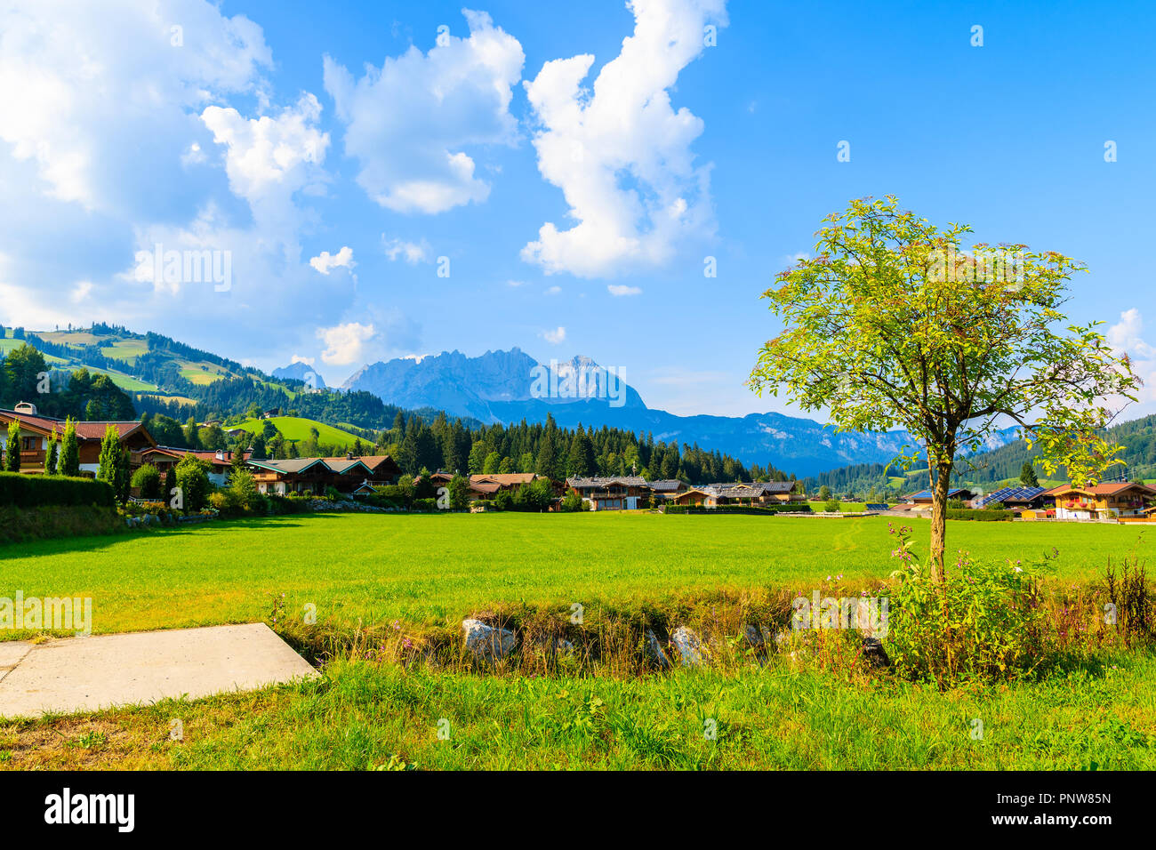Verde prato in Reith bei Kitzbuhel villaggio nelle Alpi Montagne Paesaggio estivo sulla giornata di sole, Tirolo, Austria Foto Stock