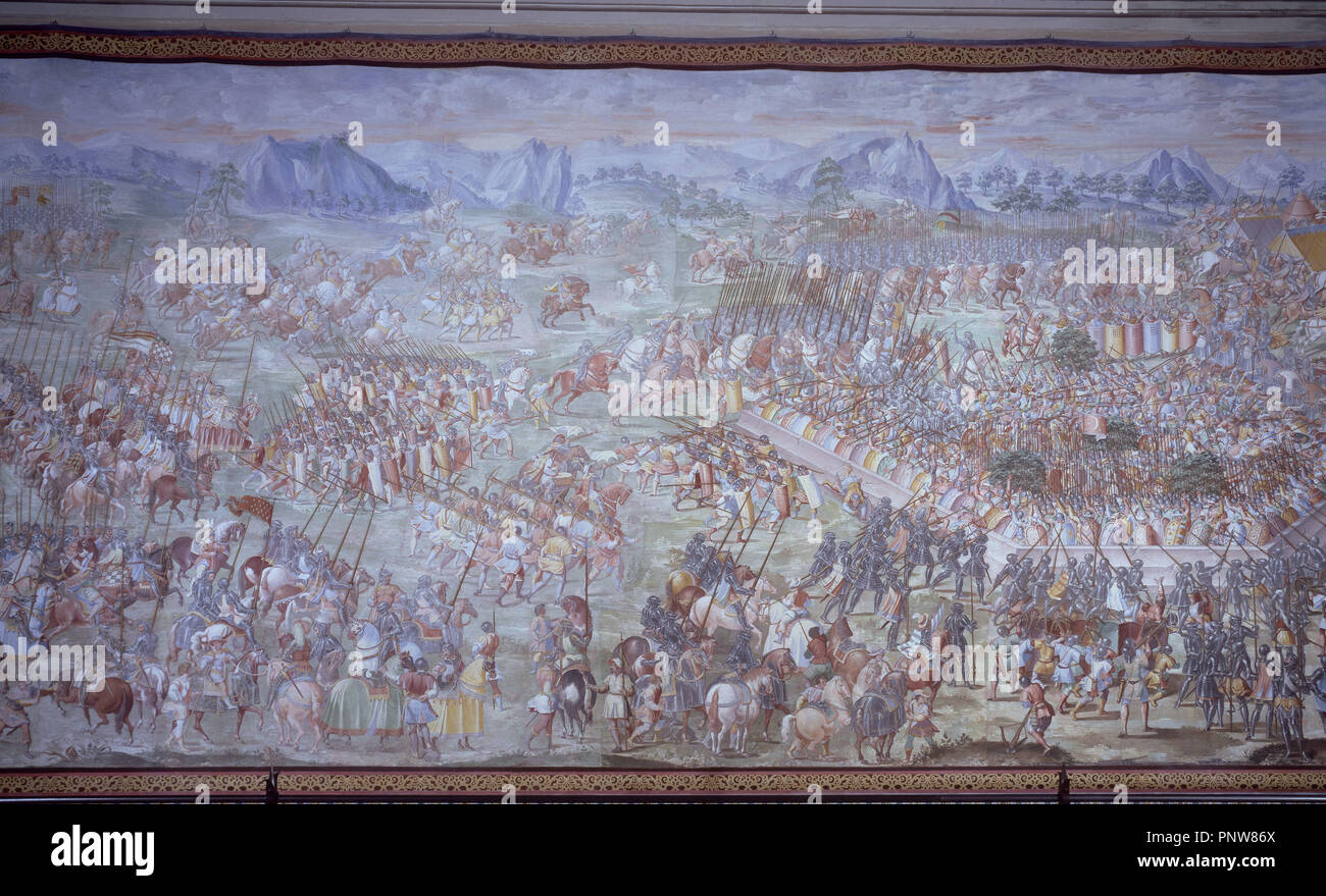 DET- BATALLA DE HIGUERUELA (1431) - PINTURA AL FRESCO 1585 - SALA DE BATALLAS - DESPUES DE RESTAURAR. Autore: GRANELLO-TAVARON-CASTELLO CAMBIASSO Y. Posizione: MONASTERIO-PINTURA. SAN LORENZO del El Escorial. MADRID. Spagna. Foto Stock