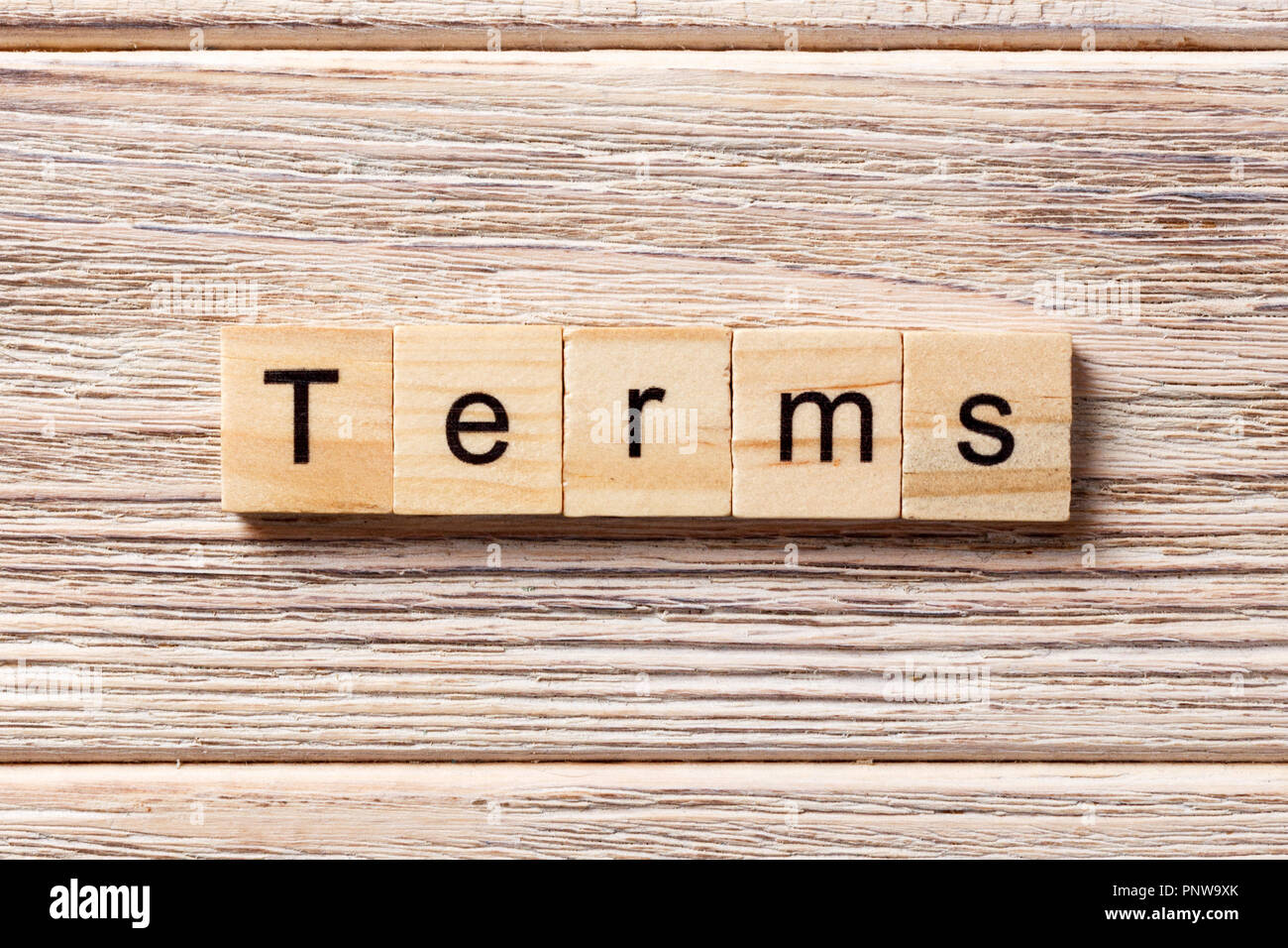 Termini parola scritta sul blocco di legno. Termini del testo in tabella, concetto. Foto Stock