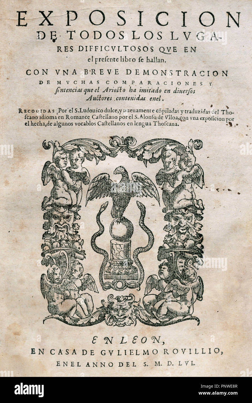 Ludovico Ariosto (1474 Ð 1533) fu un poeta italiano. Egli è meglio conosciuto come l'autore del romanzo epico Orlando Furioso (1516). La copertina del libro 'Orlando Furioso, edito a Lione (Lugdunum), 1556. Biblioteca di Catalogna. Barcellona. Spagna. Foto Stock