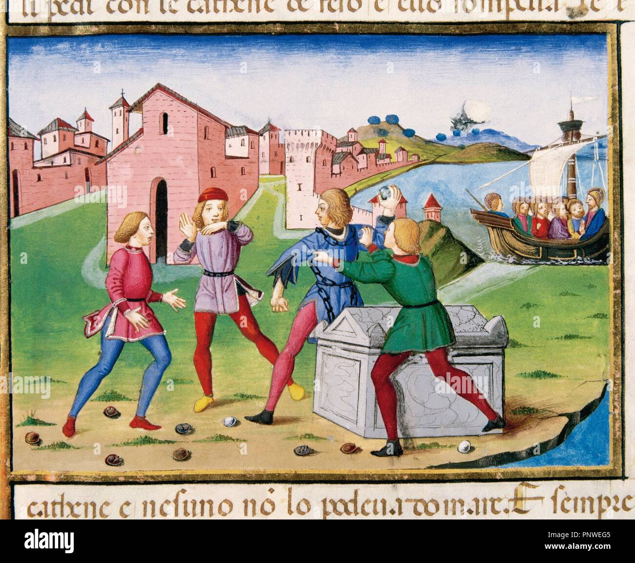 Gesù arriva al Getsemani e trova un uomo posseduto dal demonio. Codex di Predis (1476). Biblioteca Reale. Torino. L'Italia. Foto Stock