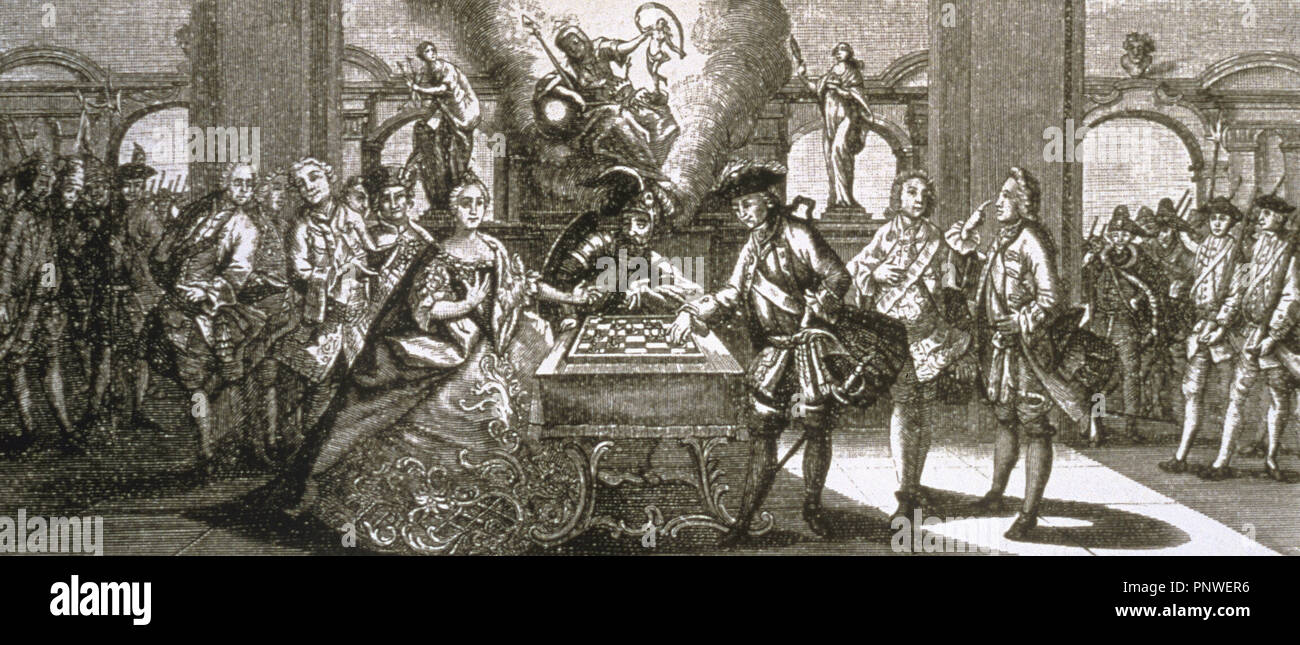 Allegoria dell'inizio della Guerra dei Sette Anni. 1756-1763. Maria Teresa e Federico II a giocare a scacchi con Marte, il dio della guerra, in centro. Incisione su rame del tempo. Foto Stock