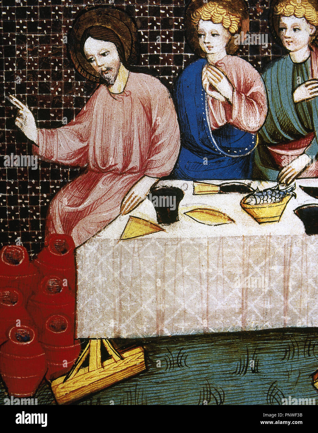 Nozze di Cana. Il primo miracolo di Gesù. Girando l'acqua in vino. Miniatura. Xv secolo. Vivere di Gesù. Castello di Chantilly. La Francia. Foto Stock